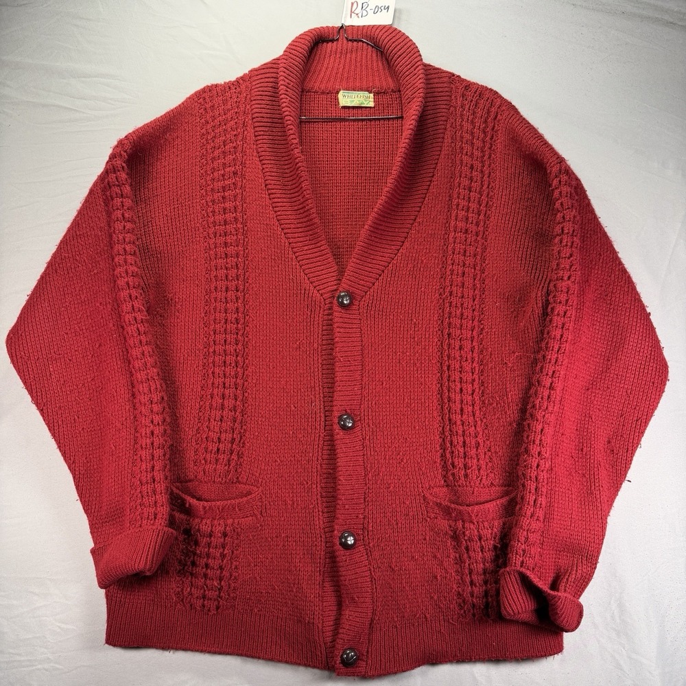 True Vintage Shawl Cardigan Sweater Mens XL Red Button Knit Grandpa White Fish